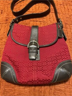 Coach Y2K Soho 6376 Red Signature Canvas Crossbody with Brown Leather Trim